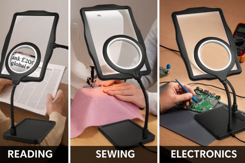 Three scenes, reading, sewing, and electronics, all lit by the same magnifying desk lamp
