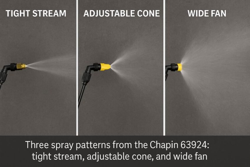 Three spray patterns from the Chapin 63924: tight stream, adjustable cone, and wide fan