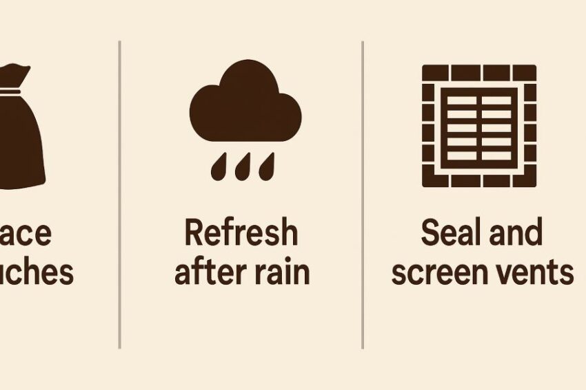 Three-step action plan banner for placing pouches, refreshing after rain, and sealing entry points