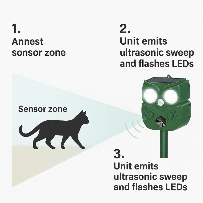 Three-step diagram showing PIR detection and a brief ultrasonic and LED response when an animal crosses the sensor zone