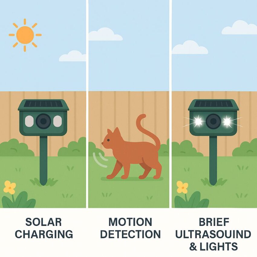 Three step sequence showing solar charging, motion detection and brief ultrasound with flashing lights