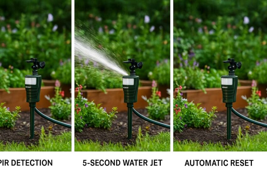 Three-step sequence of PIR detection, five-second water jet, and automatic reset on a motion sprinkler