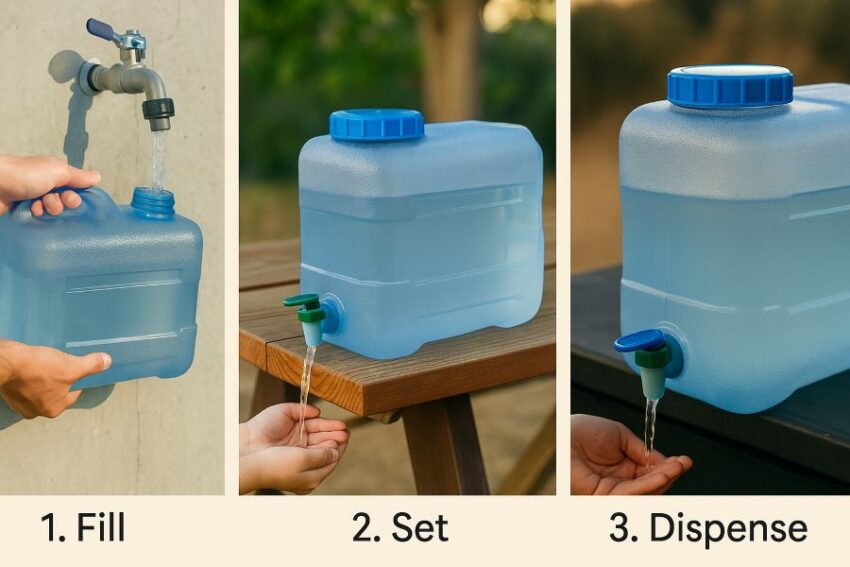 Three steps using a camp water jug, fill, set with spigot at the edge, pour through the tap while the cap stays closed