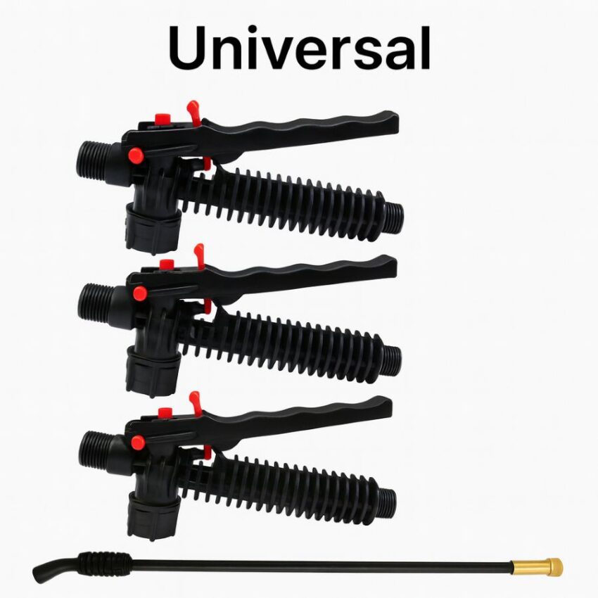 Three universal pump sprayer replacement handles shown with hose and wand, highlighting trigger and lock-on tab