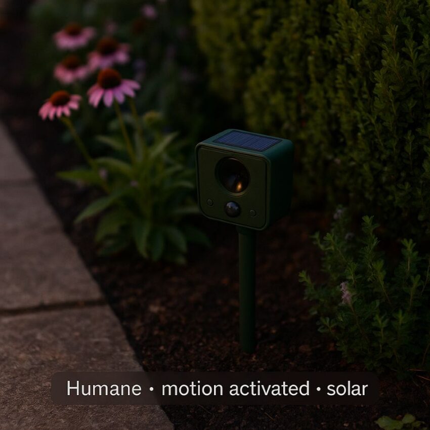 Tidy garden border at twilight with a discreet solar ultrasonic repeller on a stake.