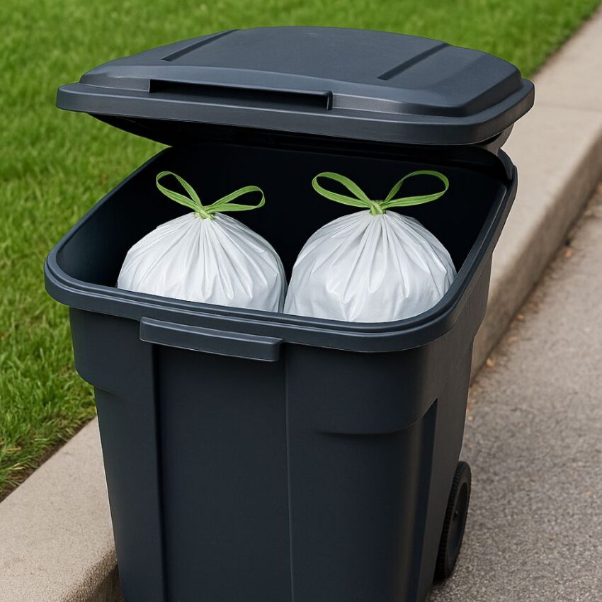 Tied Mint-X bags inside a lidded curbside bin for rodent-resistant set-out