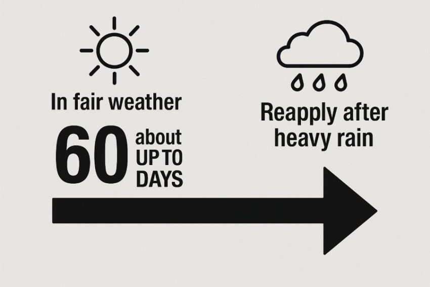 Timeline showing longevity in fair weather and reapply after heavy rain.