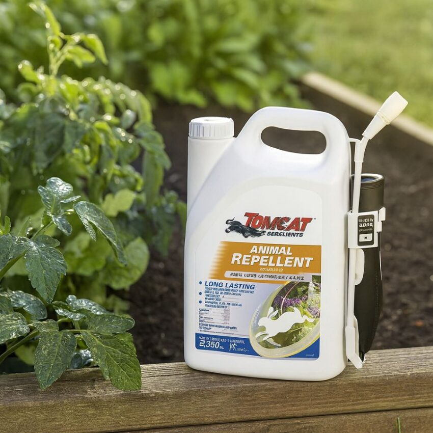 Tomcat Animal Repellent Ready-to-Use, 1-gallon with Comfort Wand beside a vegetable bed