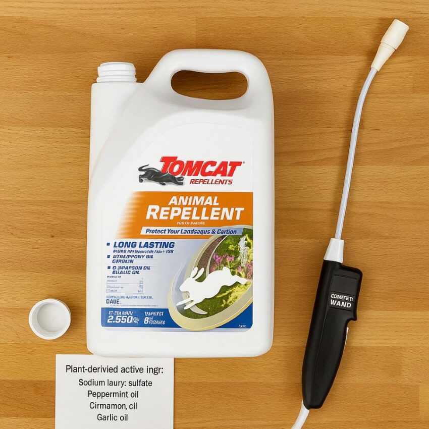 Tomcat Animal Repellent RTU with Comfort Wand and a note listing plant-derived active ingredients