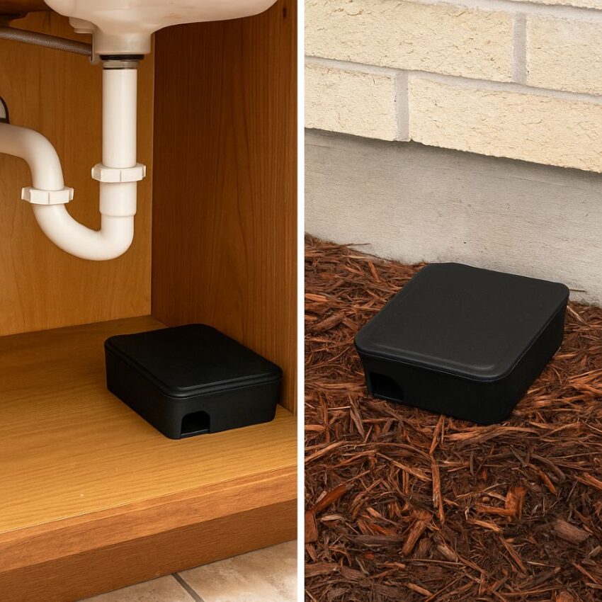 Tomcat station under a sink and another along an exterior foundation for indoor and outdoor control