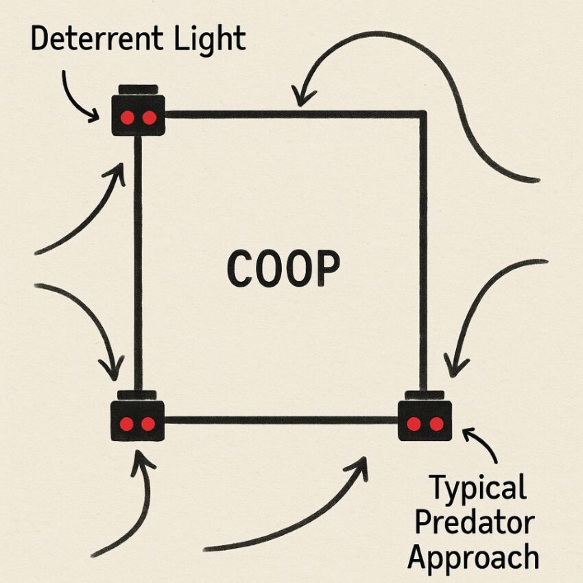 Top-down sketch of a coop or garden showing four outward-facing lights at corners and typical predator approach paths