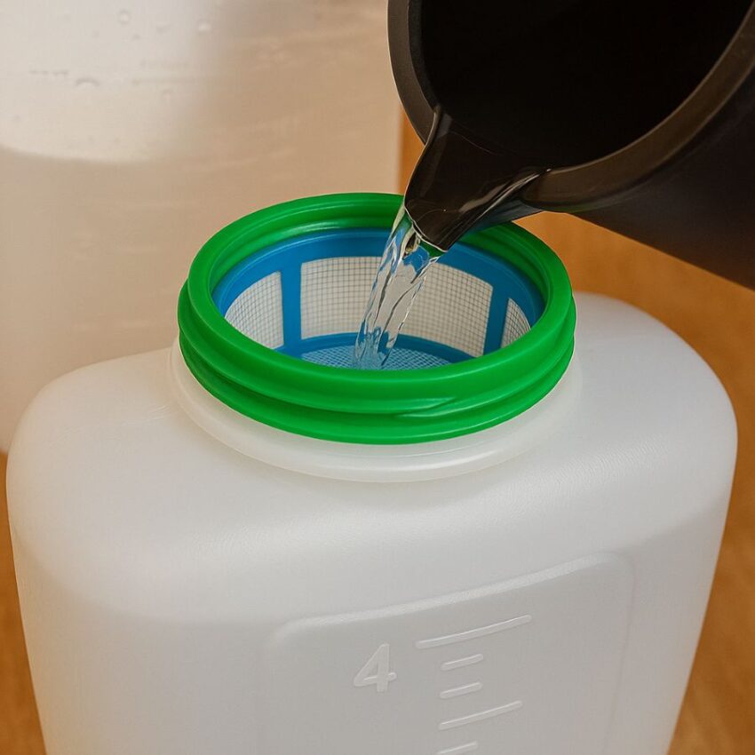 Translucent HDPE tank with 4.5 inch wide-mouth and strainer basket while filling the REALWORK backpack sprayer