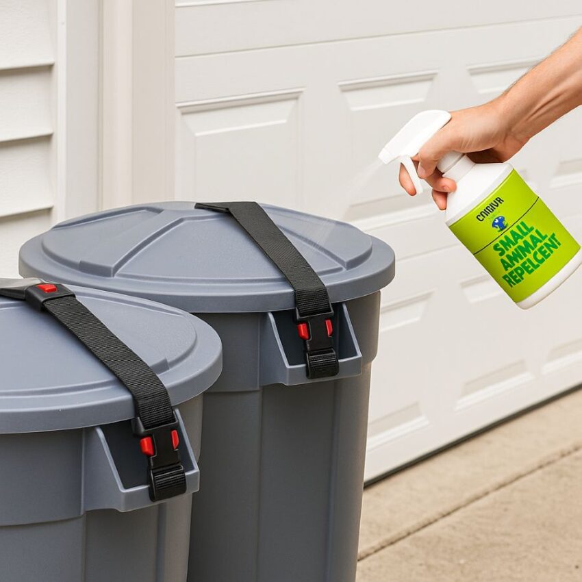 Trash can lids treated on rims and secured with an animal resistant strap