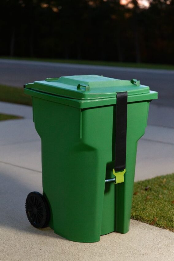 Trash cart at the curb at daybreak with a locking strap engaged and the lid fully closed