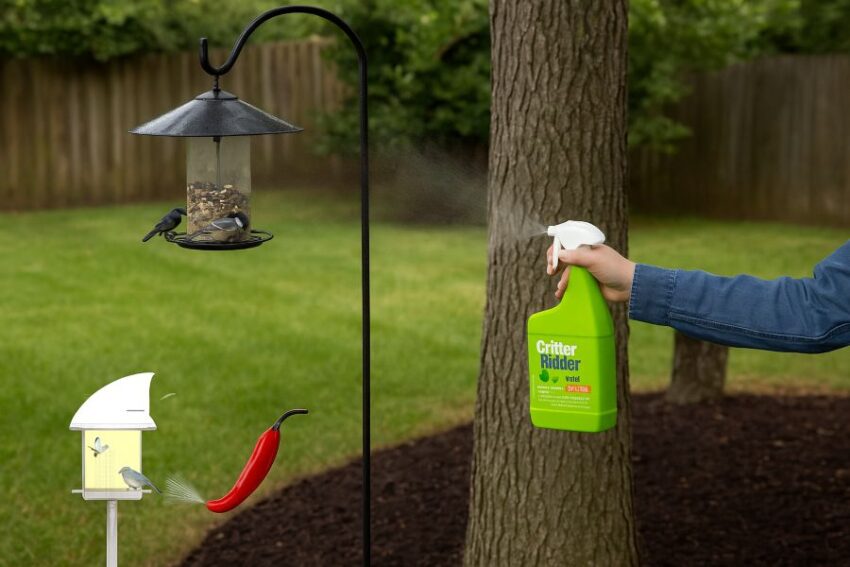 Treating around a bird feeder and pole, with correct baffle placement and distance