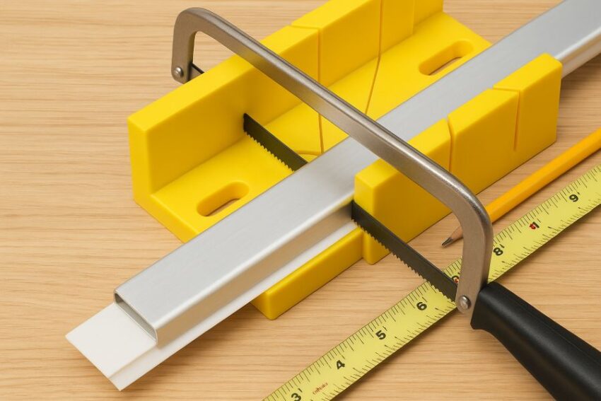 Trimming an automatic door sweep to length with a fine-tooth hacksaw and miter box.