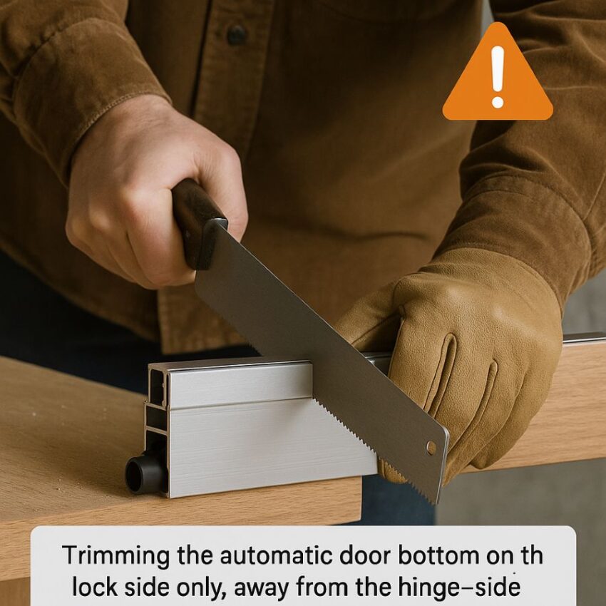 Trimming the automatic door bottom on the lock side only, away from the hinge-side adjuster