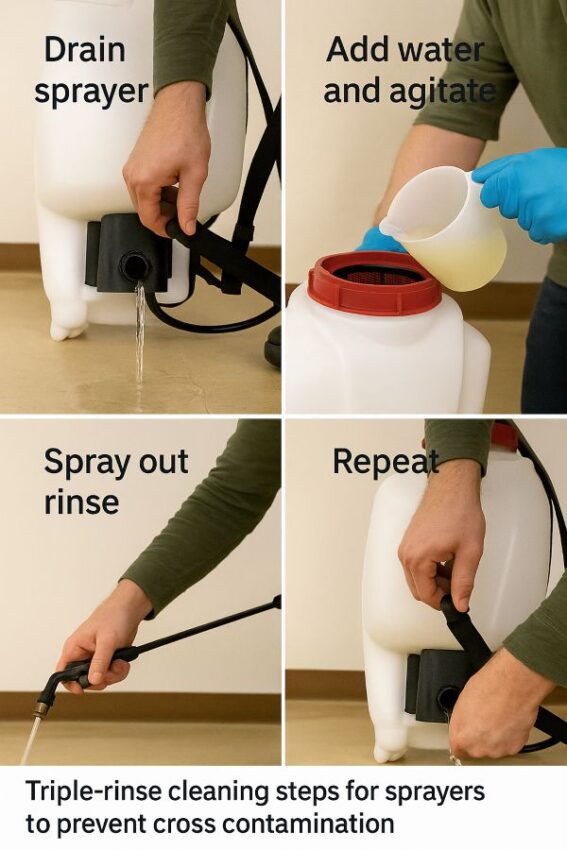 Triple-rinse cleaning steps for sprayers to prevent cross contamination