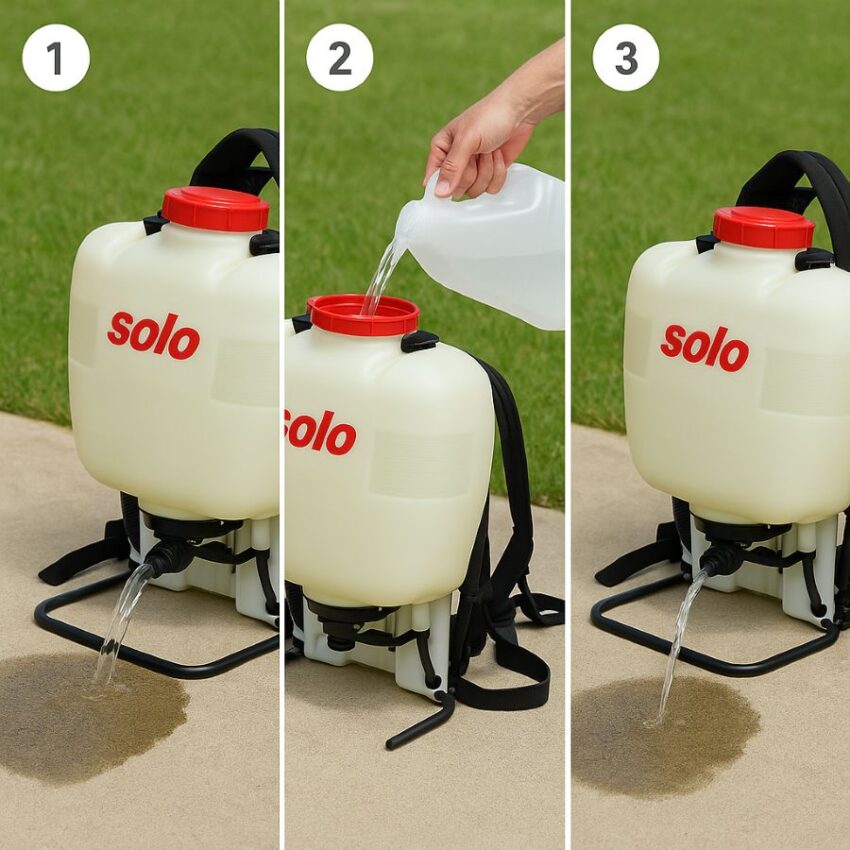 Triple rinse process for cleaning a backpack sprayer after use