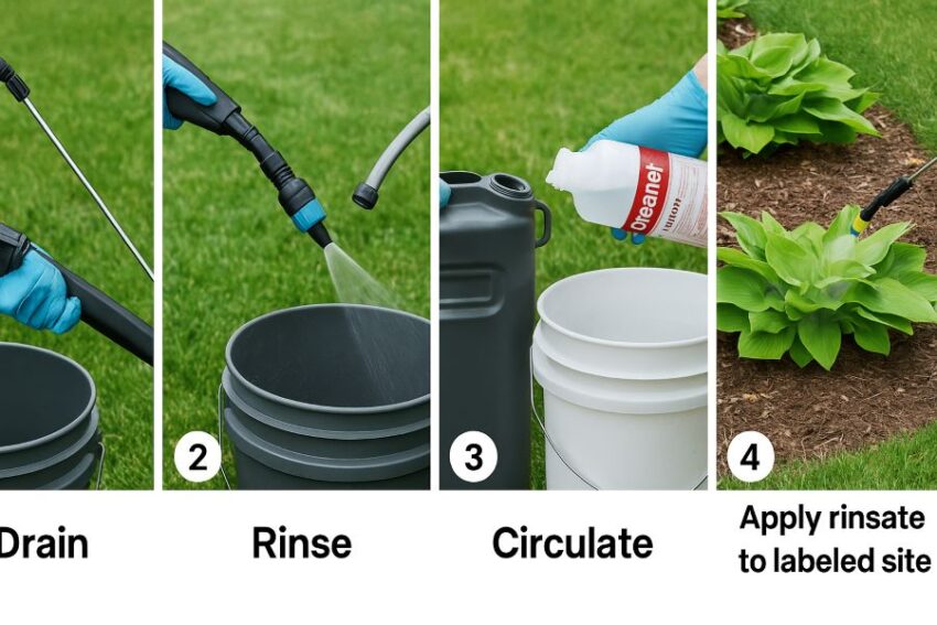 Triple-rinse sequence for sprayer with labeled cleaner and proper rinsate disposal