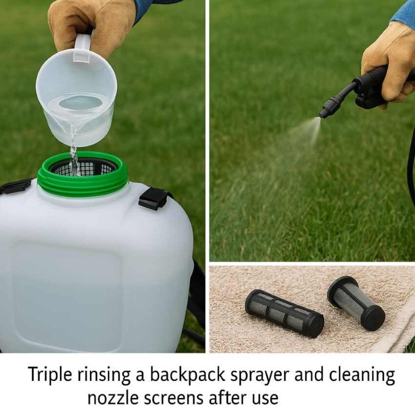 Triple rinsing a backpack sprayer and cleaning nozzle screens after use.