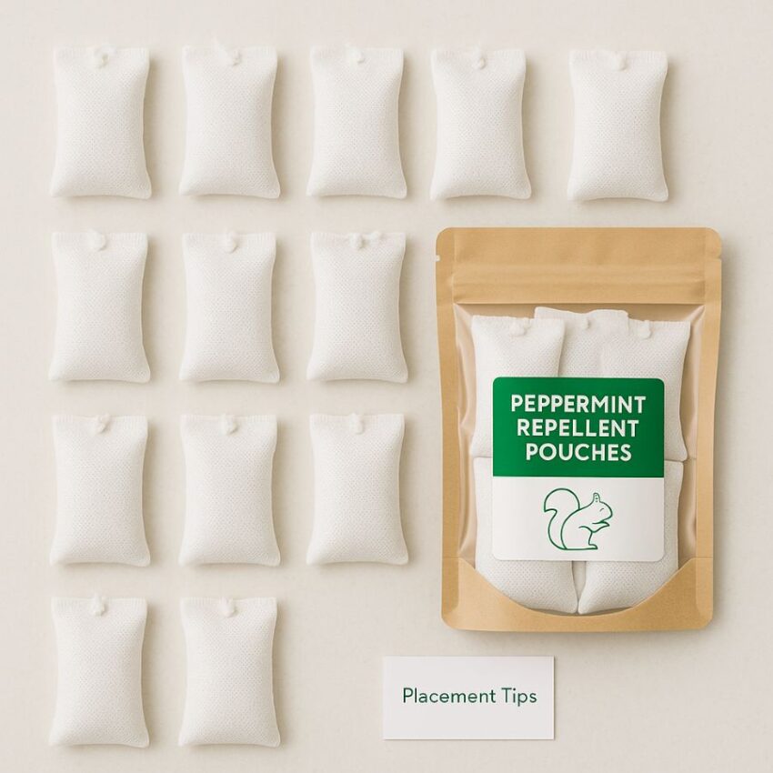 Twelve peppermint repellent pouches and quick-start placement card.