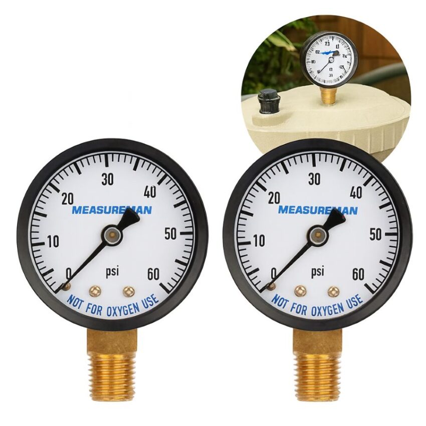 Two MEASUREMAN 2-inch 0–60 psi pool filter pressure gauges with 1/4 inch NPT lower mount, one shown installed on a pool filter lid