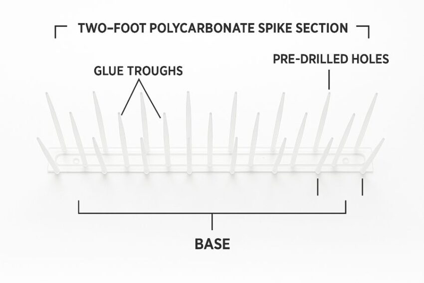 Two-foot polycarbonate spike section with labeled glue troughs and pre-drilled holes