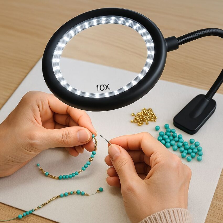 Two-handed beadwork under a hands-free magnifier that keeps a steady focus