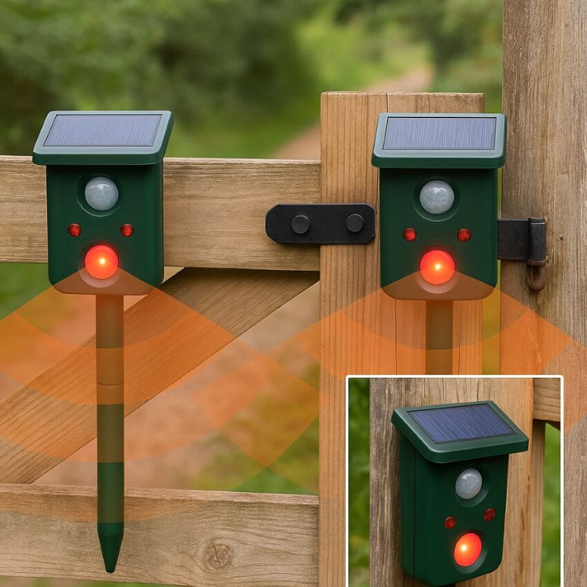 Two motion-flash units with overlapping detection zones to eliminate blind spots at a gate