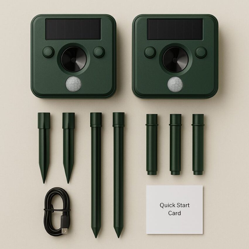 Two-pack cat repeller kit contents with stakes and USB charging cable laid out on a table