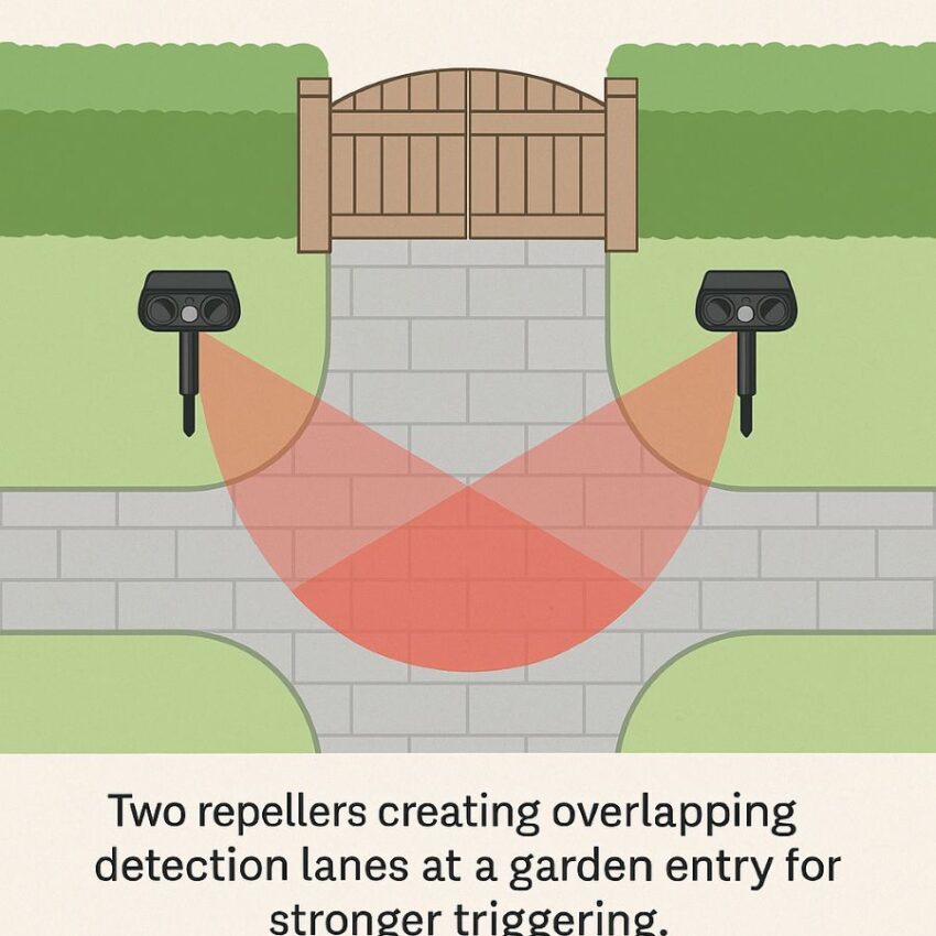 Two repellers creating overlapping detection lanes at a garden entry for stronger triggering