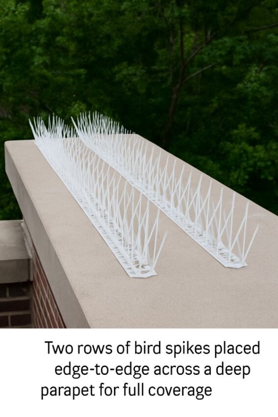 Two rows of bird spikes placed edge-to-edge across a deep parapet for full coverage