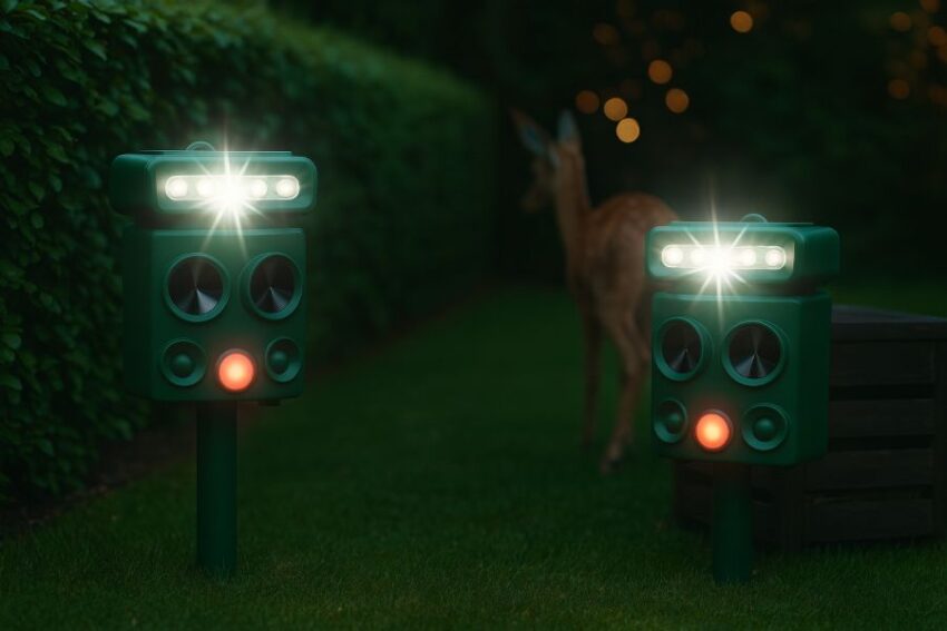Two solar ultrasonic animal repellers covering garden entry paths at dusk, LED strobe flashing as deer backs off