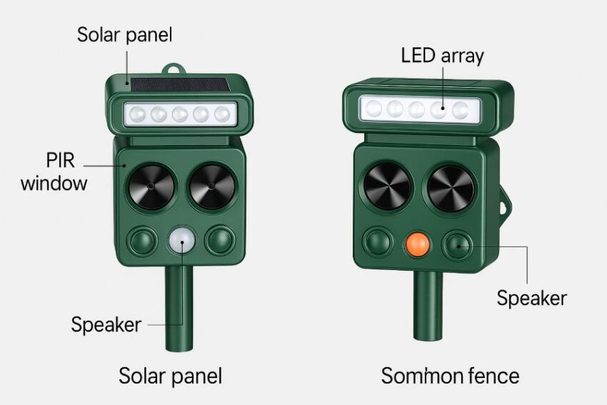 Two solar ultrasonic repellers showing solar panel, PIR sensor, speaker, and LED strobe locations