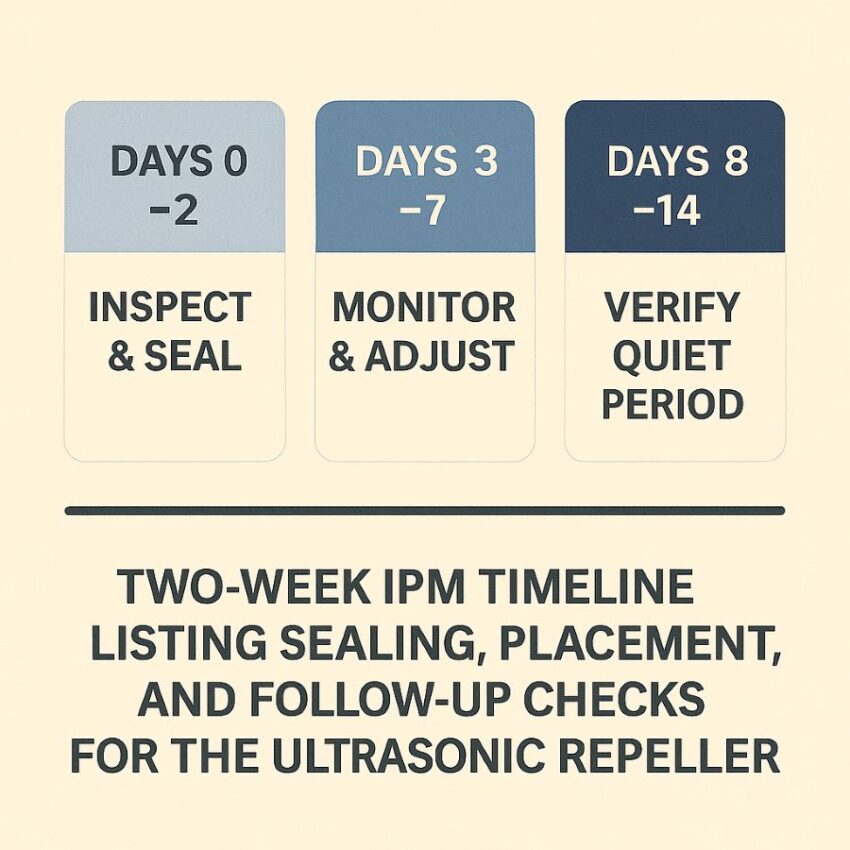 Two-week IPM timeline listing sealing, placement, and follow-up checks for the ultrasonic repeller