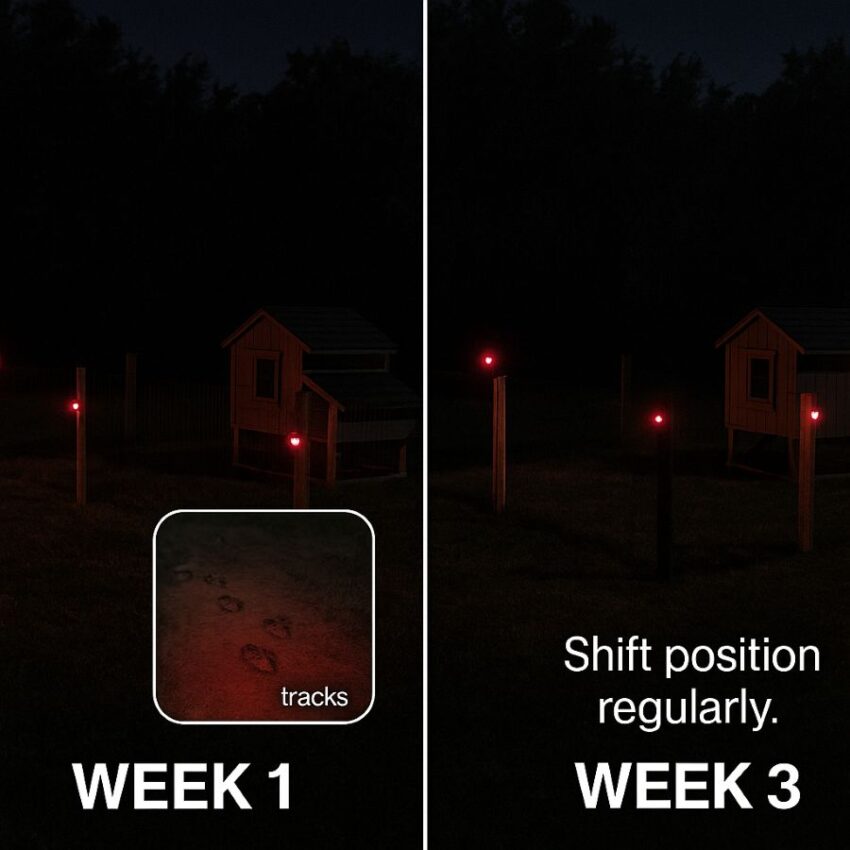 Two-week comparison showing predator lights moved to new positions to prevent habituation