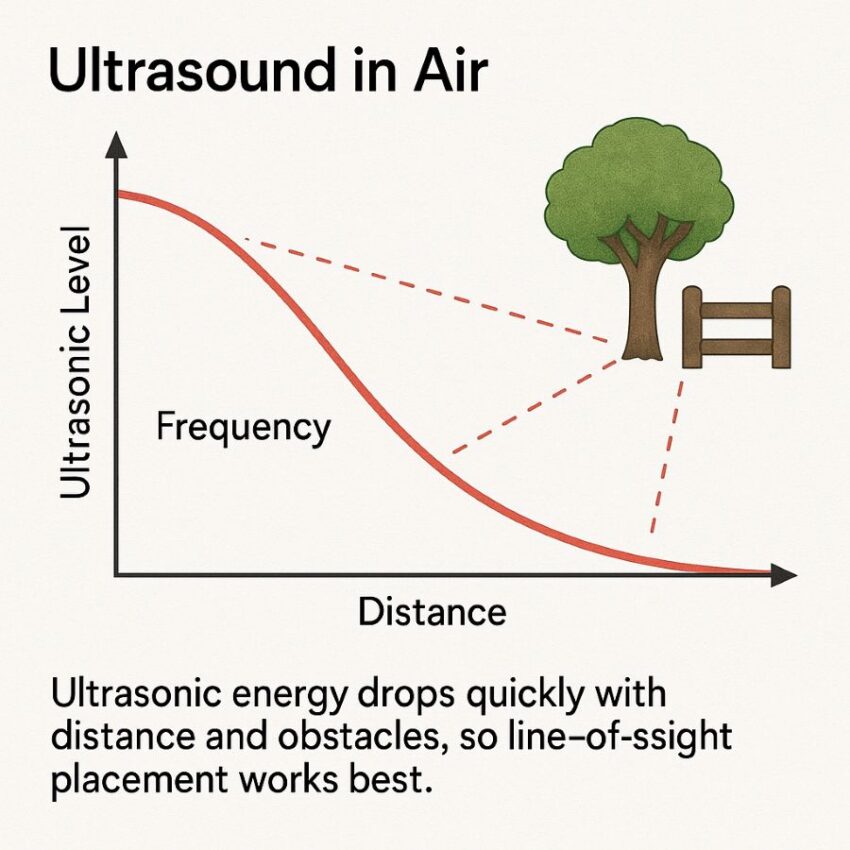 Ultrasonic energy drops quickly with distance and obstacles, so line-of-sight placement works best