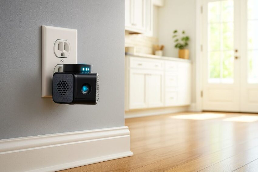 Ultrasonic mouse repellent plugged into a kitchen outlet, facing the open room for best coverage
