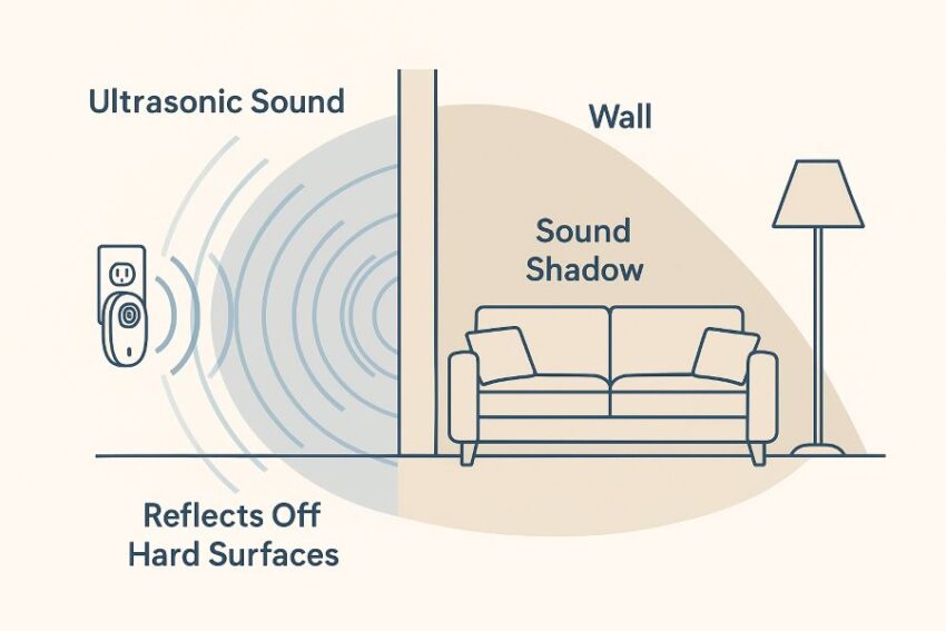 Ultrasonic sound reflects off hard surfaces and does not pass through walls, creating shadow zones.