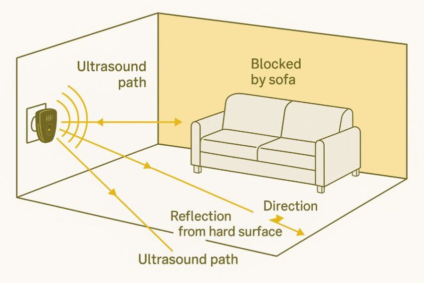 Ultrasound path diagram showing reflections and how walls and furniture block the sound