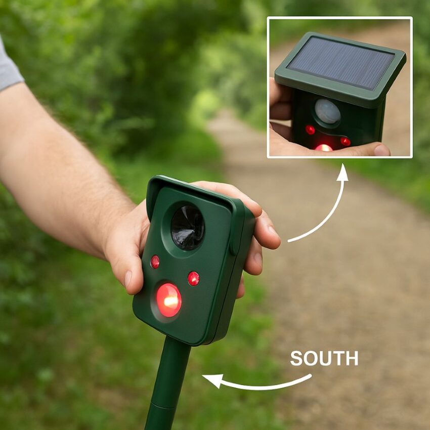 User aiming PIR across a path and tilting the solar panel toward the south for charging