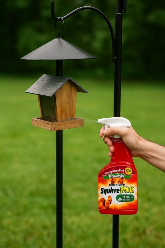 User spraying feeder pole hardware and hanger arm, with a cone baffle installed for extra squirrel control.