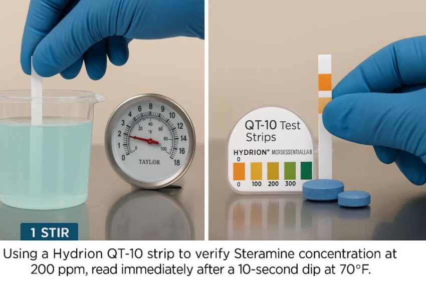 Using a Hydrion QT-10 strip to verify Steramine concentration at 200 ppm, read immediately after a 10-second dip at around 70°F