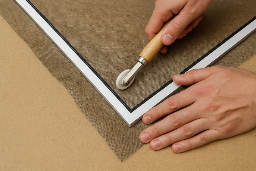 Using a spline roller to seat mesh and spline into the groove without wrinkles
