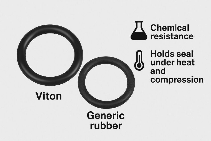 Viton O-ring compared with a generic rubber O-ring, highlighting chemical resistance benefits.