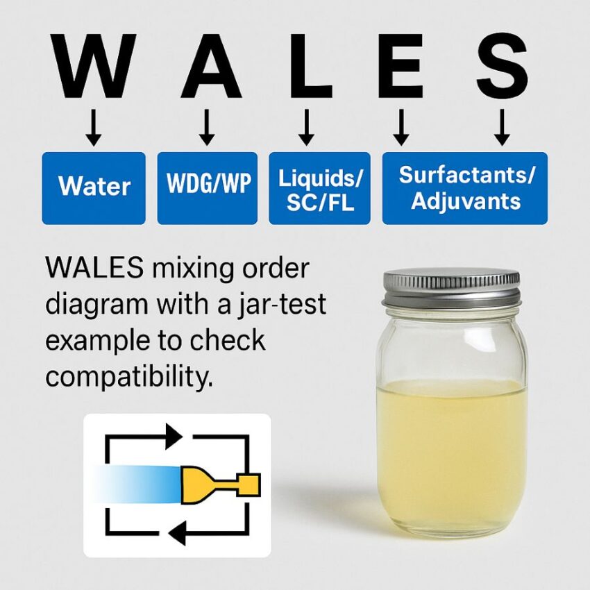 WALES mixing order diagram with a jar-test example to check compatibility.