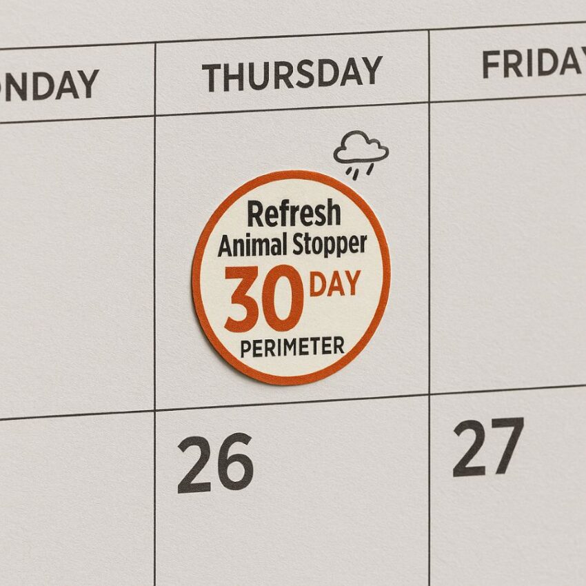 Wall calendar marked to refresh Animal Stopper perimeter about every 30 days.