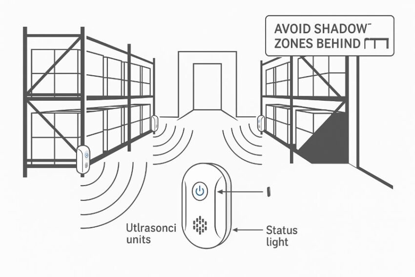 Warehouse diagram showing ultrasonic units aimed down aisles to minimize shadow zones.
