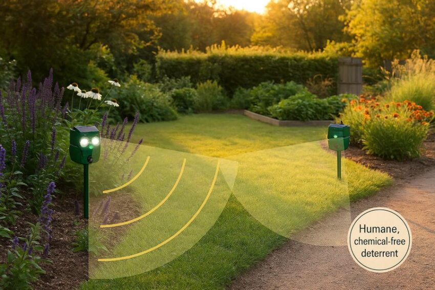Warm garden scene at sunset showing two repellers creating overlapping coverage cones and a small humane, chemical-free badge.